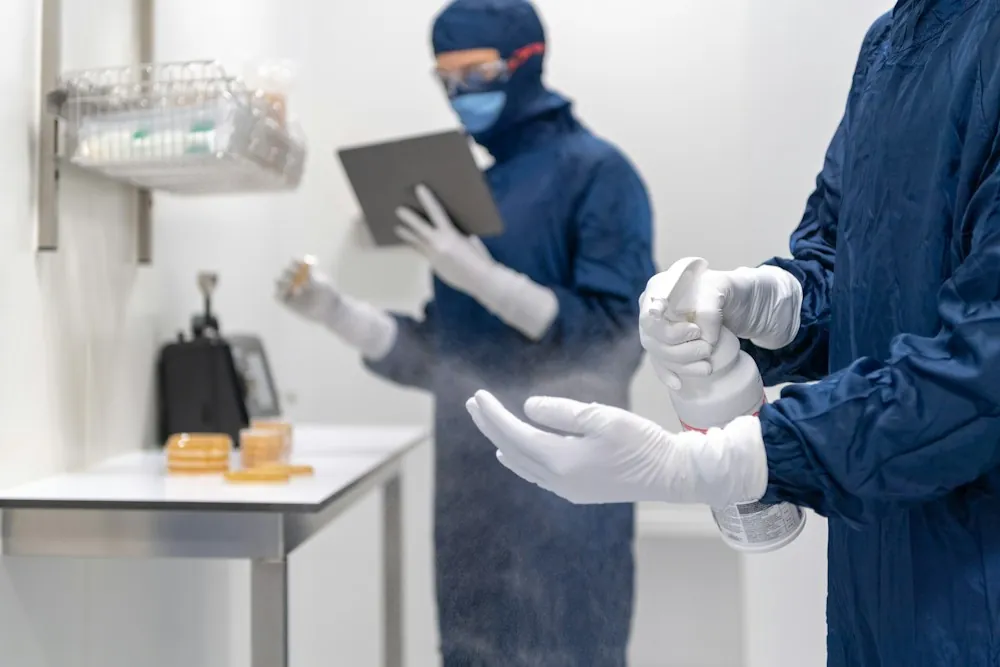 Eldivenli personelin dezenfeksiyon ve kontrol yaptığı laboratuvar